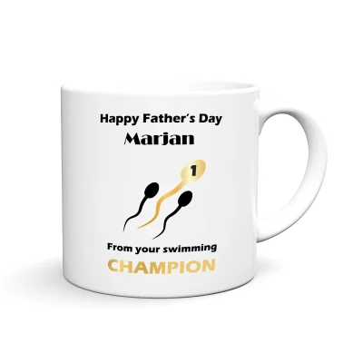 Zabavna in personalizirana skodelica z motivom, imenom in tiskom HAPPY FATHER_S DAY FROM YOUR SWIMMING CHAMPION