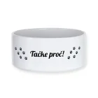 Zabavna in personalizirana skleda za male živali, mačke in pse, z motivom, imenom in tiskom TAČKE PROČ! Na eno ali drugi stran sklede za domače živali lahko natisnemo izbran motiv, lahko pa drugo polovico zamenjate z imenom Vašega kosmatinca in njegovima fotografijama.